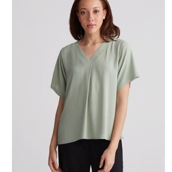 New w/Tags - Eileen Fisher Silk Georgette Crepe V-Neck Top, color SEA, Sml - Picture 1 of 12